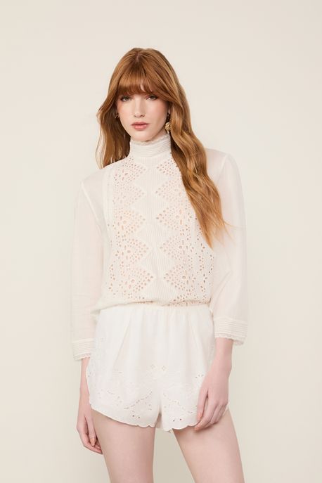 Blusa De Voil De Algodão Manga Longa Gola Alta Bordada Off White Off White - 42