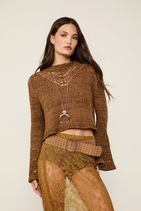 Bata De Tricot Com Mix De Pontos e Manga Sino Marrom Dries - G