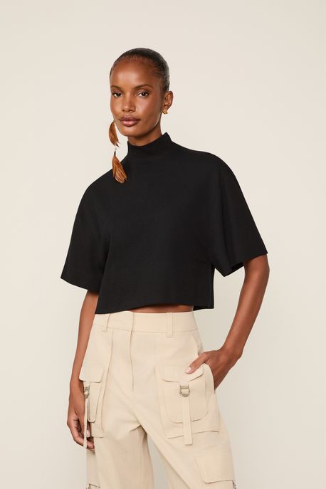 Blusa De Malha Crepe Gola Alta Com Ziper Preto - P