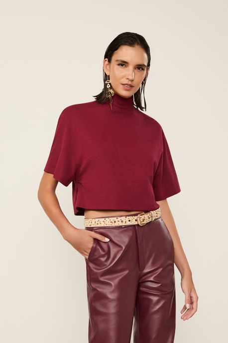 Blusa De Malha Crepe Gola Alta Com Ziper Vermelho Wing - GG