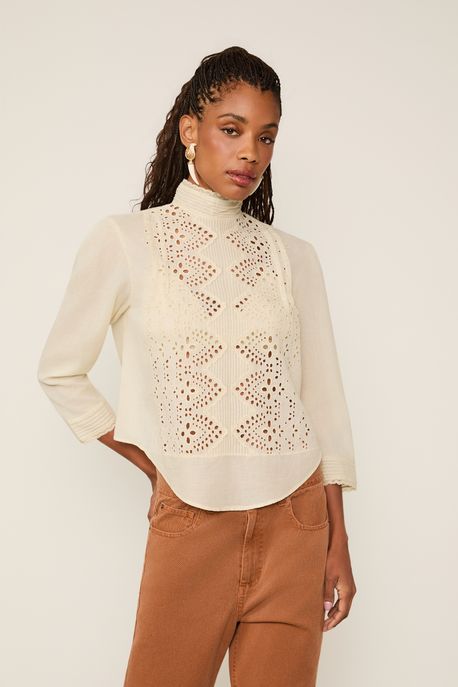 Blusa De Voil De Algodão Manga Longa Gola Alta Bordada Bege Bege Sisal - 42