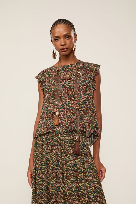 Blusa De Georgette Leve Estampa Babados Est Fig Fly Atlantico - 36