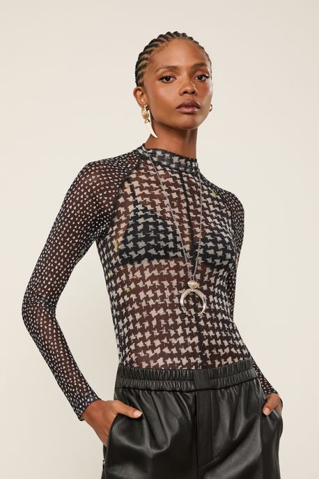 Blusa De Tule Gola Alta Alta Pied De Poule Est Pied De Poule Preto - G