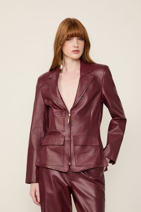 Blazer De Couro Bolsos Ziper Frontal Vermelho Wing - 40