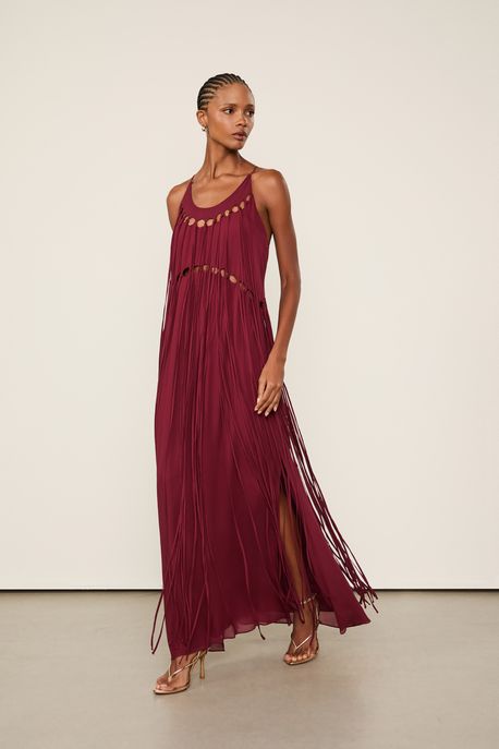 Vestido Alcinha De Georgette Longo Vermelho Wing Detalhes Em Rolotê Vermelho Wing - 34