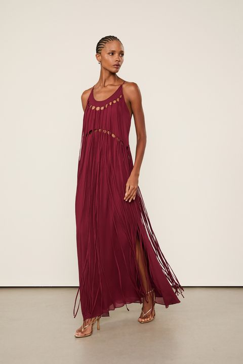 Vestido Alcinha de Georgette Longo Vermelho Wing Detalhes em Rolotê — Animale