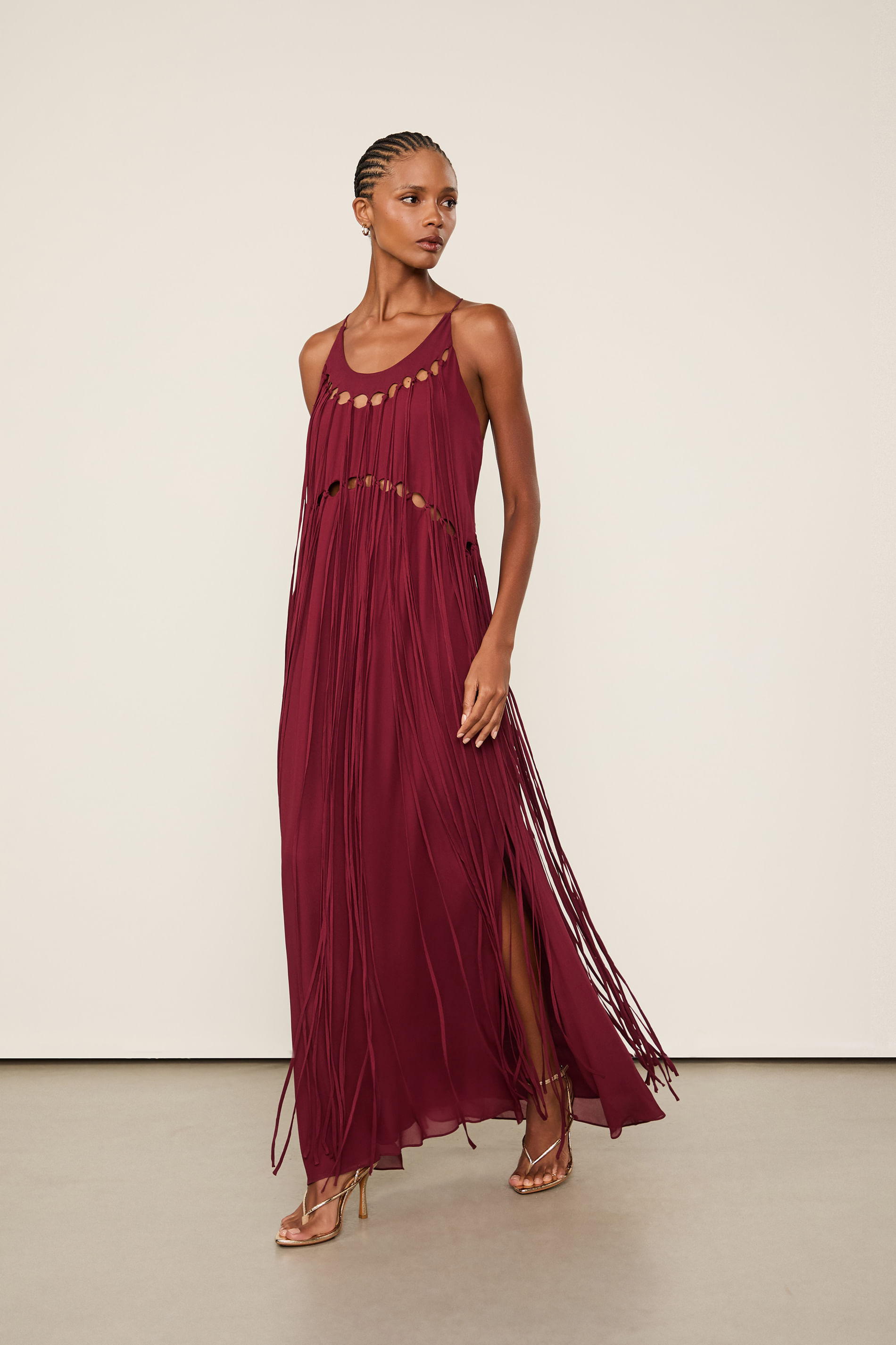Vestido Alcinha De Georgette Longo Vermelho Wing Detalhes Em Rolotê