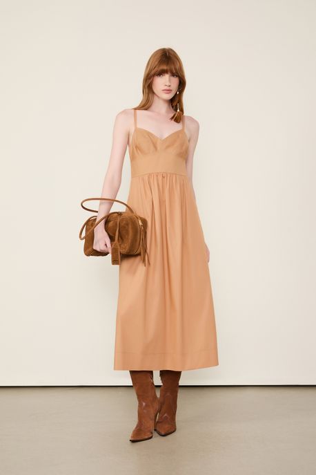 Vestido De Algodão Midi Marrom Marrom Tan - 44