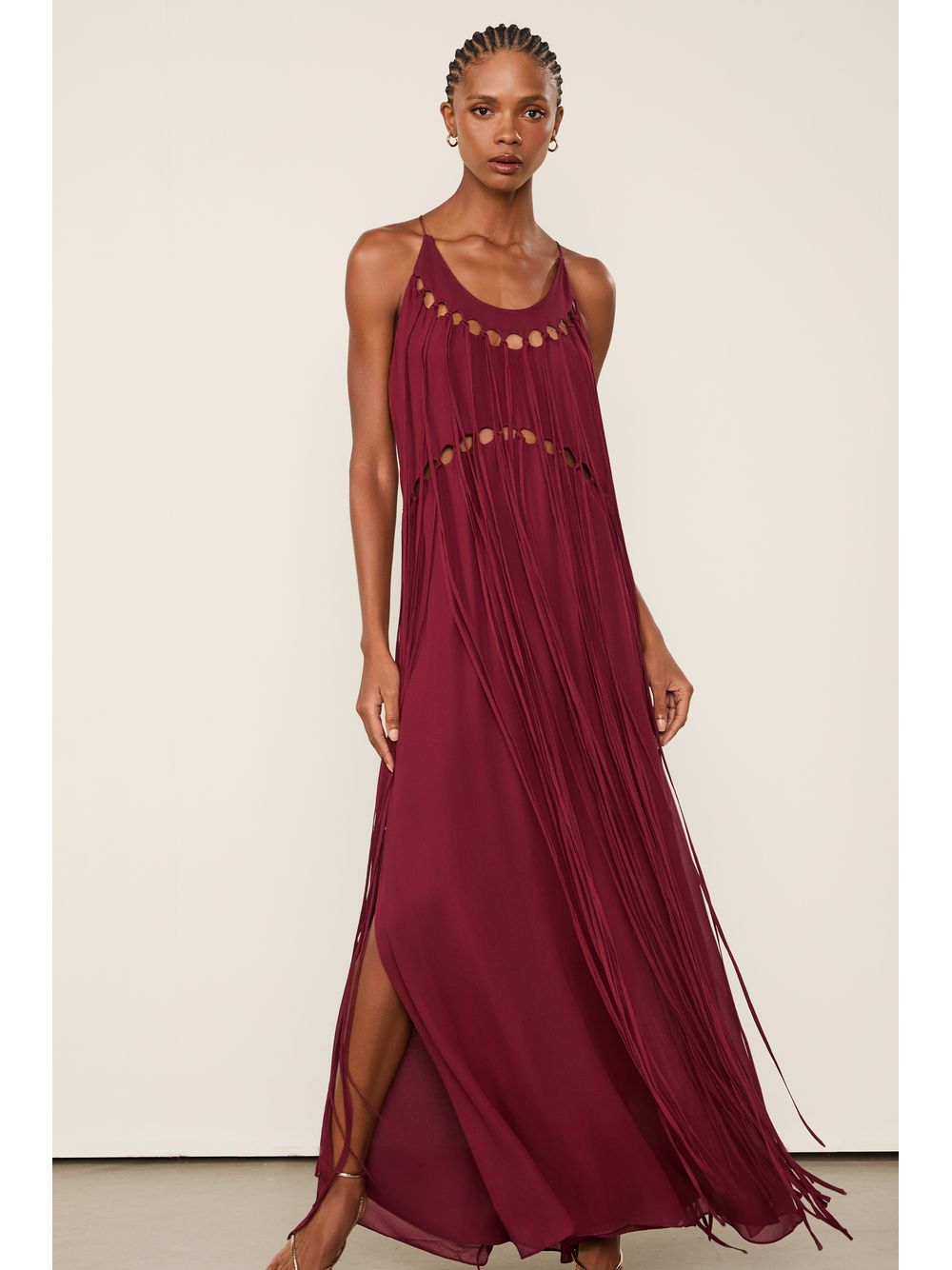 Animale — Vestido Alcinha De Georgette Longo Vermelho Wing Detalhes Em Rolotê