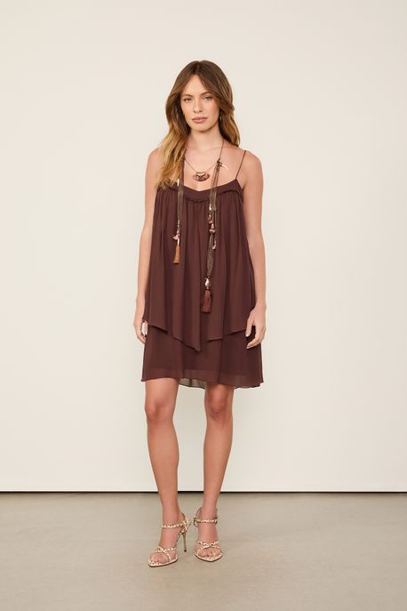 Vestido De Georgette Curto Camadas Marrom Dries - 42