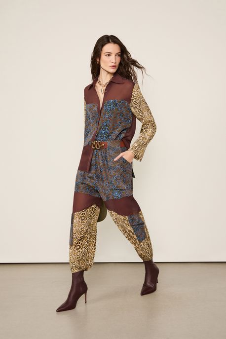Calça De Seda e Georgette Estampada Cargo Est Geo Tigre Azul - 38