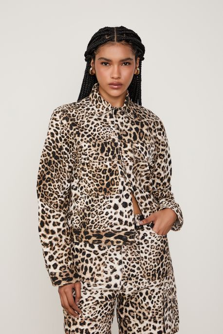 Jaqueta Sarja Basic Fur Estampa Onça Onca Jungle Color Aj - G