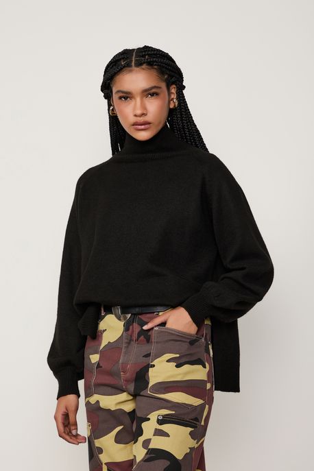 Pull De Tricot Com Fendas Nas Laterais Preto - G