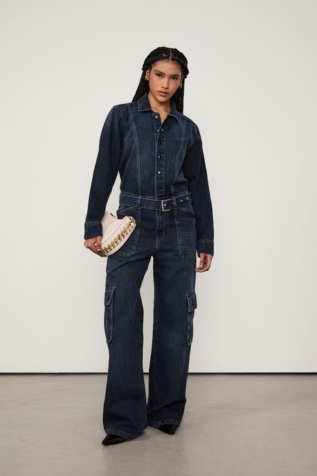 Macacão Jeans Cargo Manga Longa Jeans Escuro - M