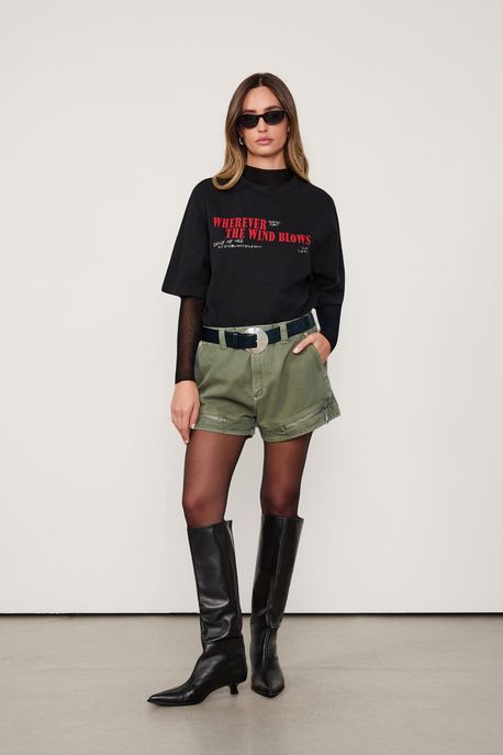 Short De Sarja Boy Com Recortes e Ziper Verde Marche - 38