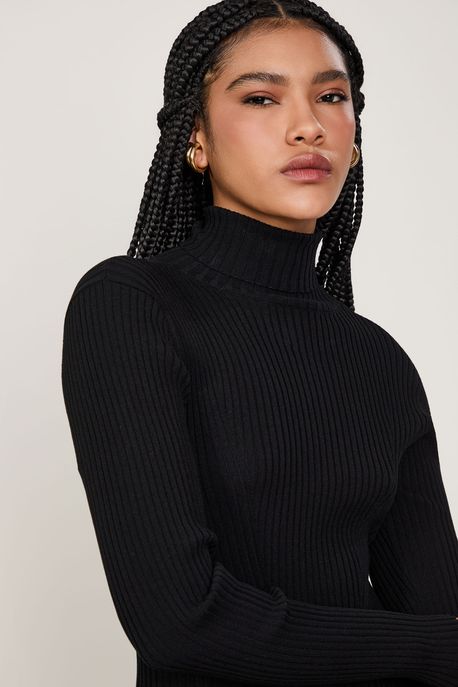 Blusa De Tricot Canelada Manga Longa Preto - M