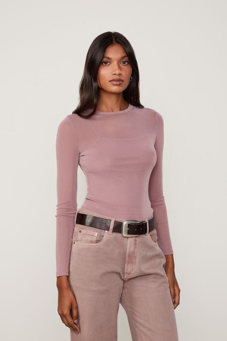Blusa De Tule Com Glitter Decote Redond Cinza Gama - P