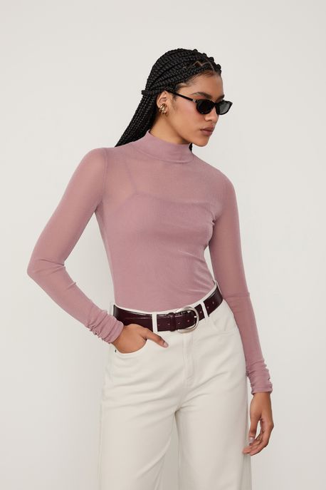Blusa De Tule Com Glitter Gola Alta Cinza Gama - P