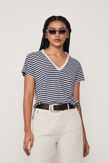 Blusa De Malha Listrada Decote Em v Listrado Marinho - G