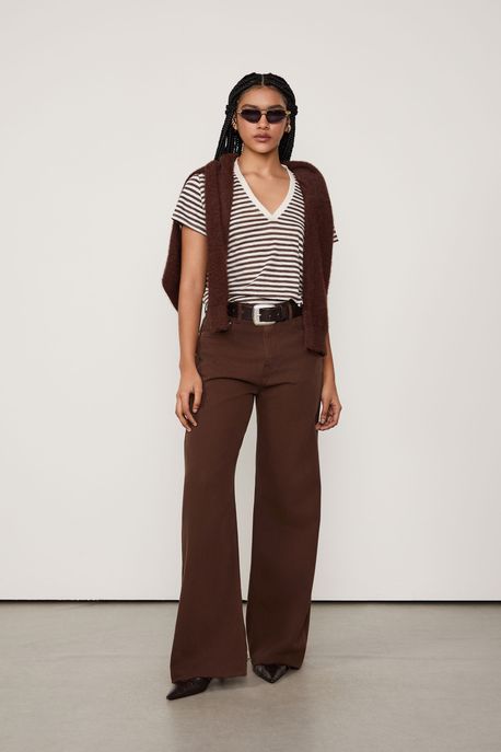 Blusa De Malha Listrada Decote Em v Listrado Marrom Cafe - G