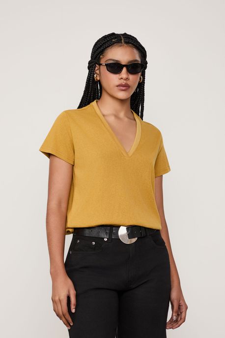 Blusa Básica Decote Em v Mostarda Ouro - P