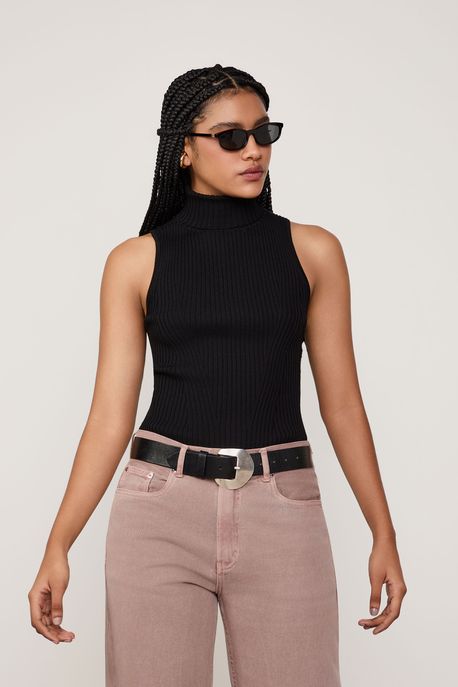 Regata De Tricot Com Gola Alta Preto - M