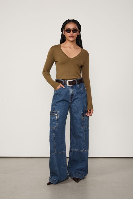 Blusa Tricot Básica Decote Em v Verde Marche - M