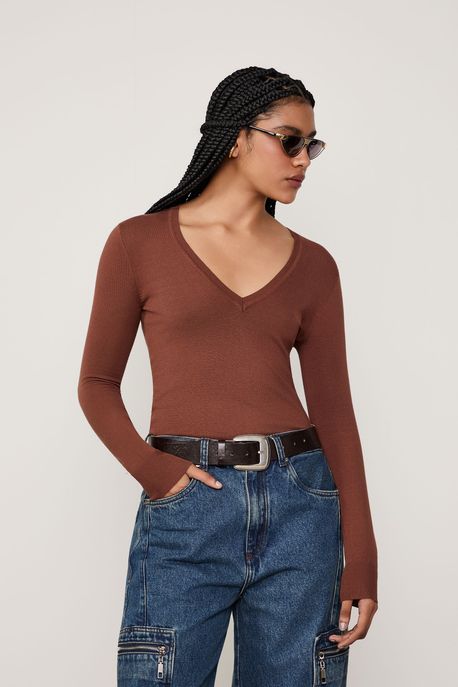 Blusa Tricot Básica Decote Em v Marrom Capuccino - P