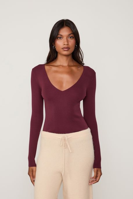 Blusa Tricot Decote Em v Vinho Windsor - G
