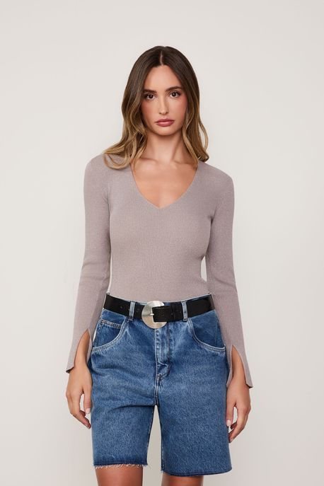Blusa Tricot Lurex Decote Em v Cinza Gama - P