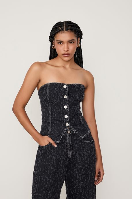 Top Jeans Decote Reto Jeans Black Medio - PP