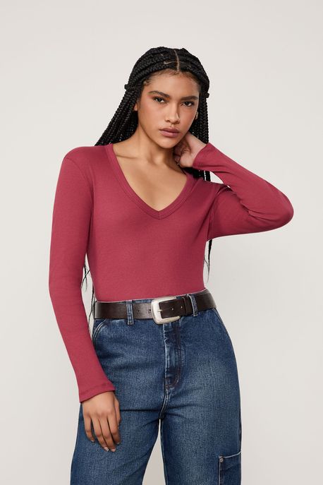 Blusa Basic Decote Em v Manga Longa Marrom Cabernet - P