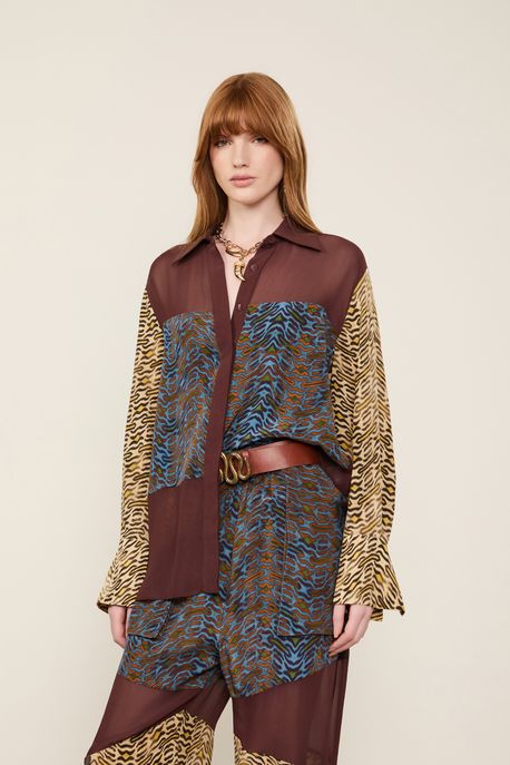 Camisa De Seda e Georgete Estampda Manga Longa Est Geo Tigre Azul - 44