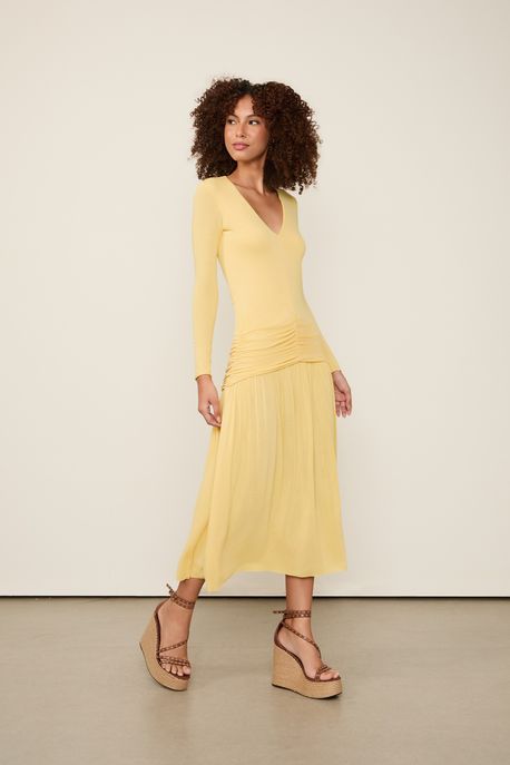 Vestido De Malha Midi Manga Longa Com Saia Franzida Preto Amarelo Solsticio 12-0737 Tcx - PP