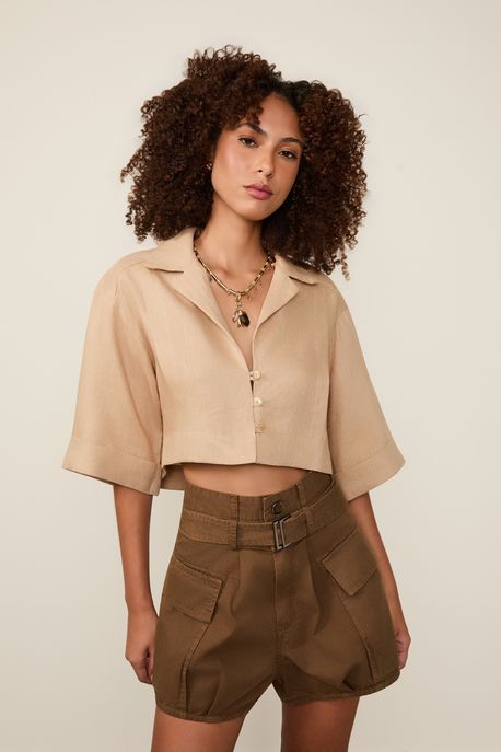 Camisa De Linho Cropped Natural Natural - 36