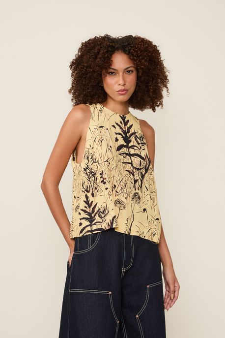 Blusa Sem Manga Estampada Est Folhagem Nanquim Papiro - 44