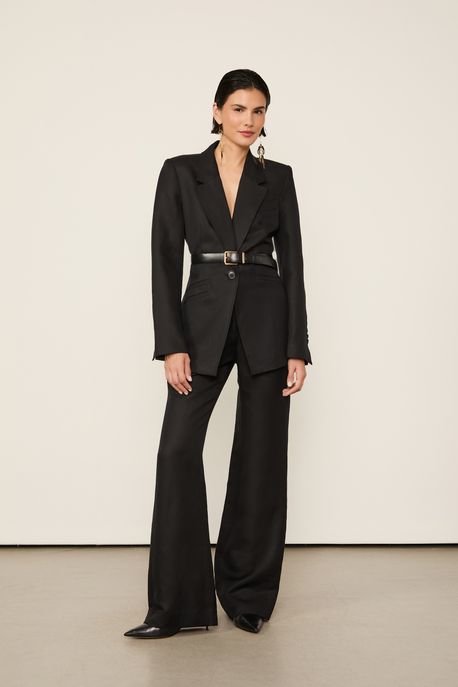 Blazer Com Linho Ajustado Preto Preto - 34