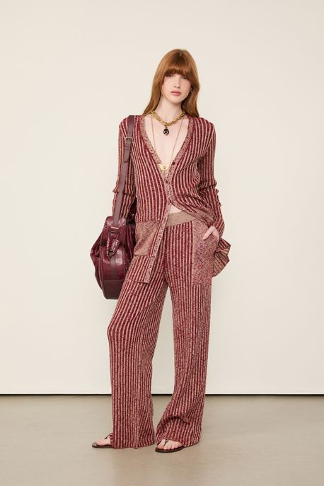 Cardigan De Tricot Canelado Com Lurex Slim Vermelho Wing/ Dourado - G