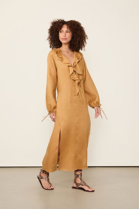Vestido De Linho Longo Com Babados Marrom Sepia - G