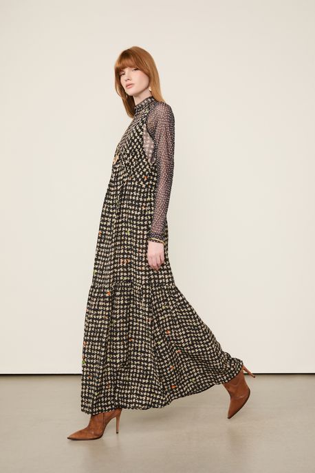 Vestido Midi Estampado Est Pied De Poule Preto - 34