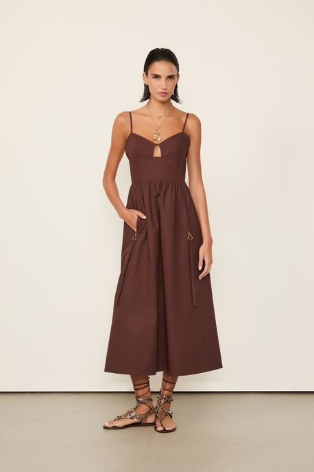 Vestido Midi De Algodão Detalhe Bolsos Marrom Marrom Dries - 36