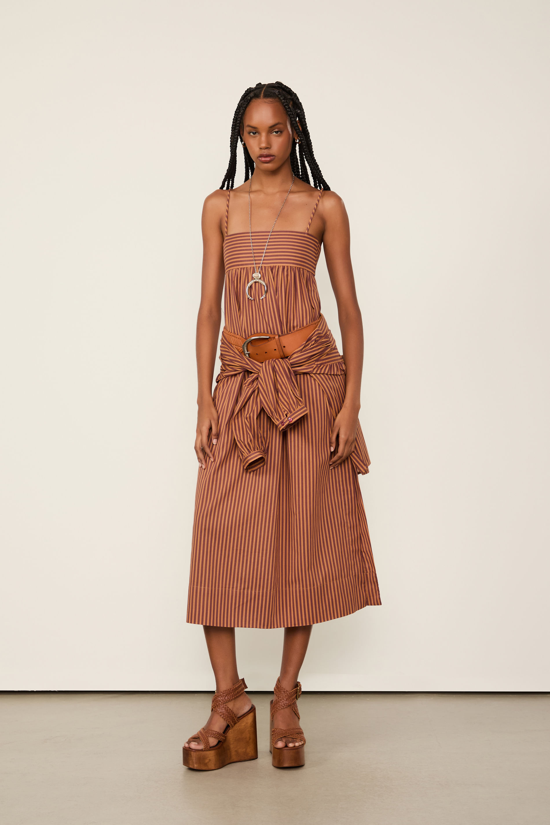 Vestido Devoil De Algodão Midi Top Faixa Listrado