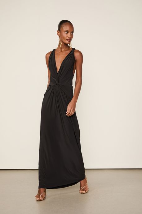 Vestido Jersey Longo Decote Costas Franzidos Preto - P