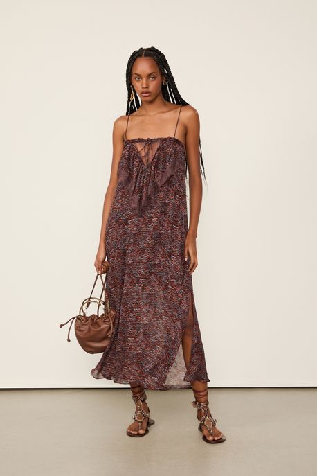 Vestido De Georgette Midi De Alça Estampado Detalhes De Renda Est Fig Fly Color - 42