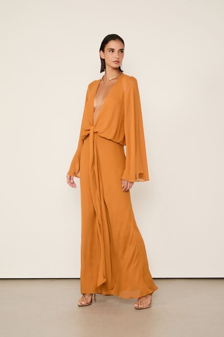 Vestido De Georgette Longo Kimono Laranja Decote Profundo Laranja Veludo - 44