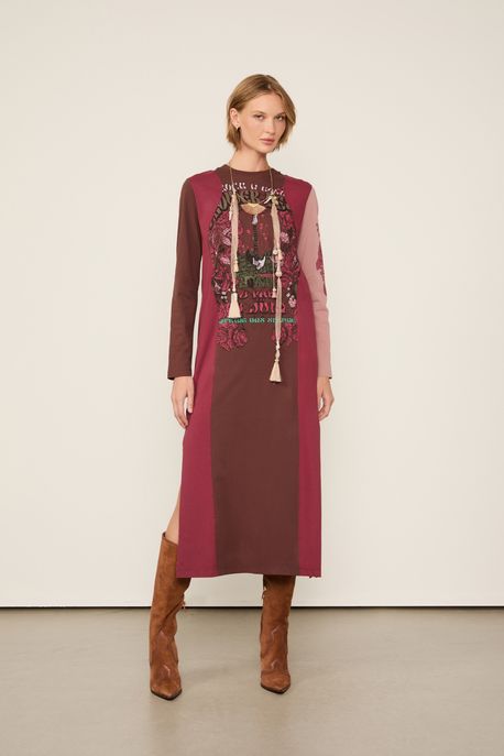 Vestido De Malha Fun Com Fenda Marrom e Vermelho Marrom/ Vermelho - M