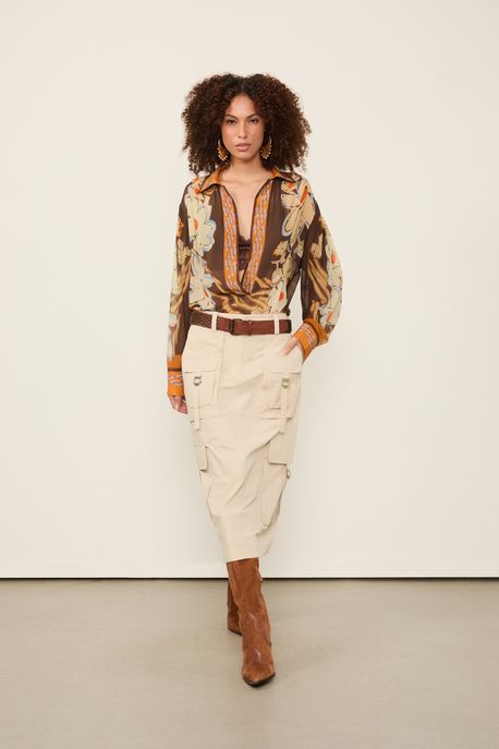 Saia Lápis Com Bolsos Utilitários Bege Off Acqua - 36