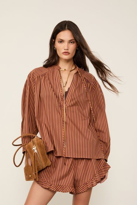 Camisa De Voil De Algodão Listrada Listra 21229c Laranja Veludo/Vermelho Ti - 40
