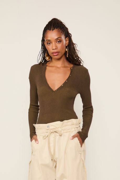 Blusa De Tricot New Bicolor Com Decote Portuguesa Verde Marche/ Marrom Dries - G