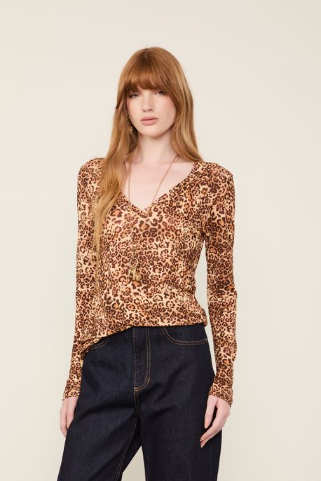 T-Shirt De Malha Fininha Decote v Manga Longa Estampada Onça Onça Classic Color m - P